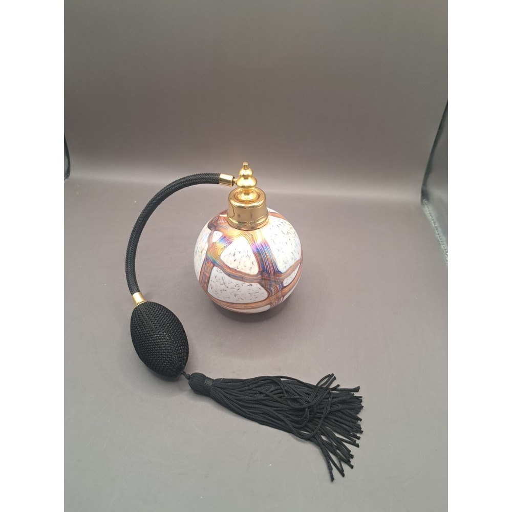 Vintage White Iridescent Blue  Applied Swirl Art Glass Atomizer Perfume Bottle